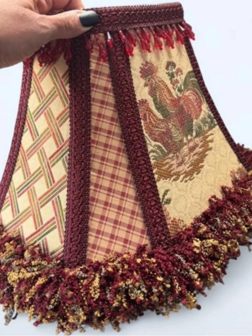 French Country Rooster Hen Cottagecore Toile Fabric Lamp Shade Frayed Fringe